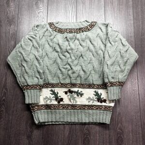 Vintage Hand Knit 1980s Cable Knit Neck Sweater Green Nature Stripe Medium